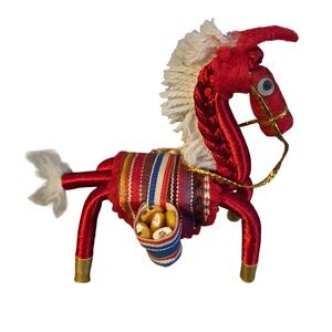 Vintage Peruvian Folk Art Horse Figurine Red Satin Wrapped Woven Saddle Corn 5in